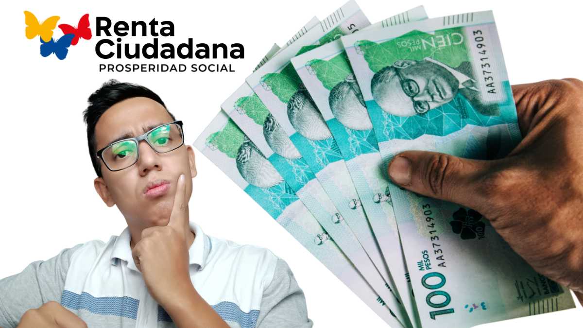Wintor ABC pensativo sobre el pago de Renta Ciudadana, cinco Billetes de 100.000 pesos Colombianos