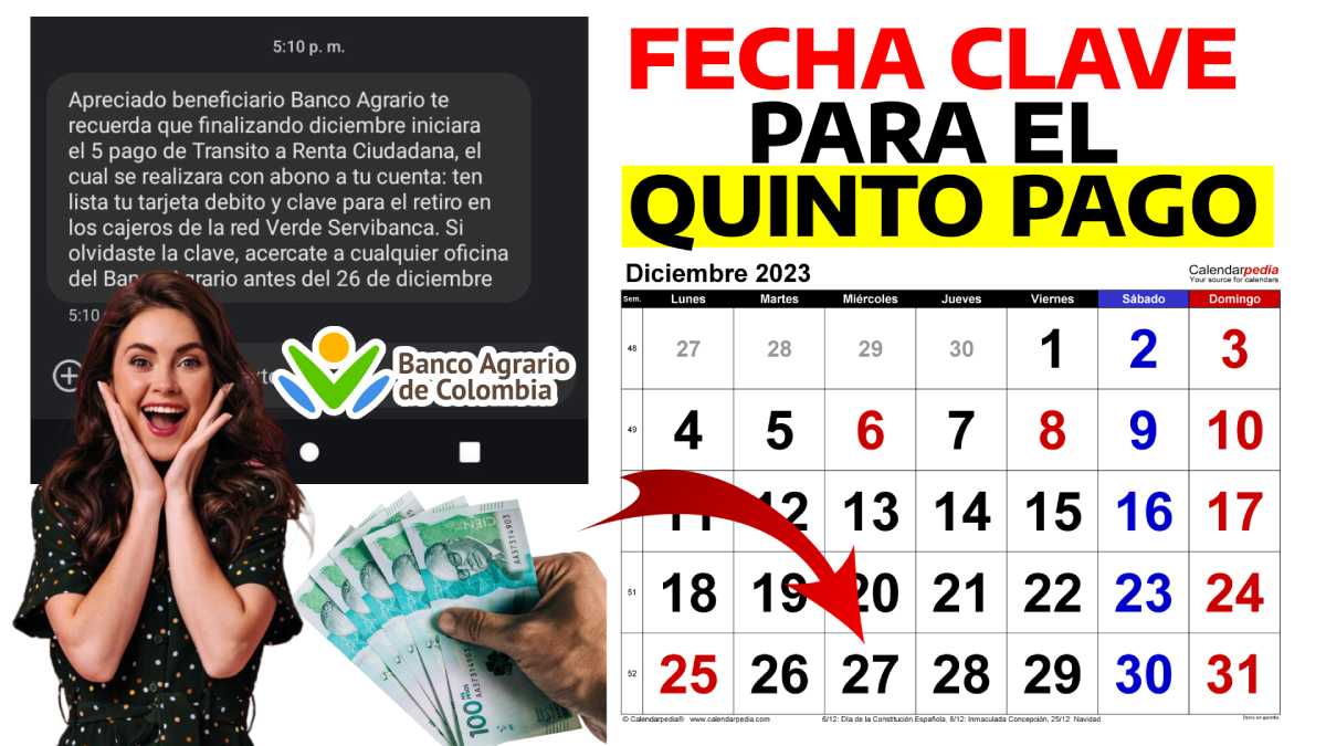 Anuncian quinto pago Tránsito a Renta Ciudadana por mensaje de texto, Banco Agrario de Colombia.