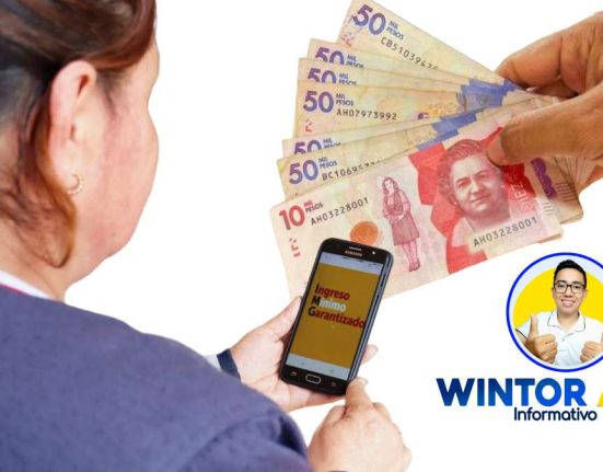 Imagen y logo de WINTOR ABC, mano con billetes y pesos colombianos y mujer con celular de consulta transferencias monetarias a hogares del INGRESO MÍNIMO GARANTIZADO 2024
