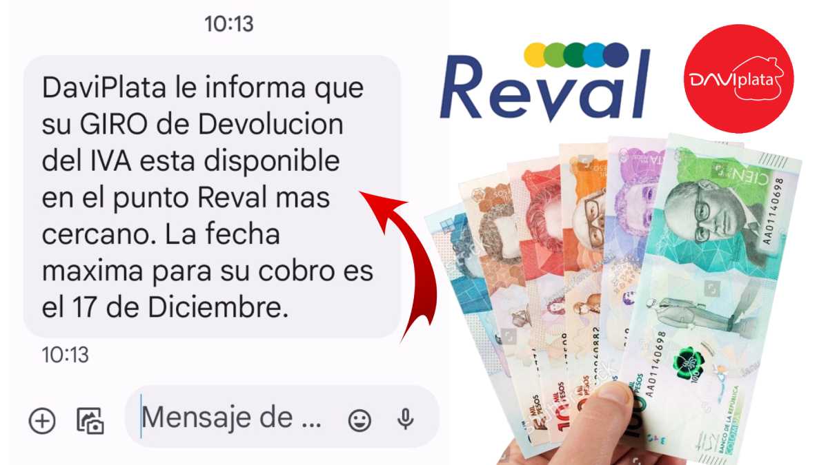 Mensaje-de-texto-notifica-Beneficiario-del-Subsidio-Devolucion-del-IVA-a-traves-del-corresponsal-REVAL-Un-mano-con-billetes-colombianos-Logo-Daviplata