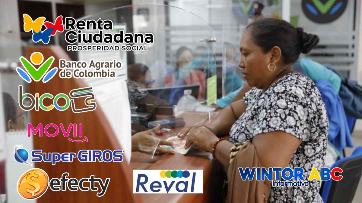 Imagen de una señora cobrando sus pago 2024 Renta ciudadana del 5 ciclo, logo de WINTOR ABC, banco agrario de Colombia, Bico, Movii, SuperGIROS, Efecty, Reval