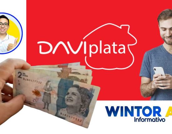 imagen y logo de WINTOR ABC, mano con billetes, pesos colombianos, y logo Daviplata, Joven con celular, Daviplata confirma fecha