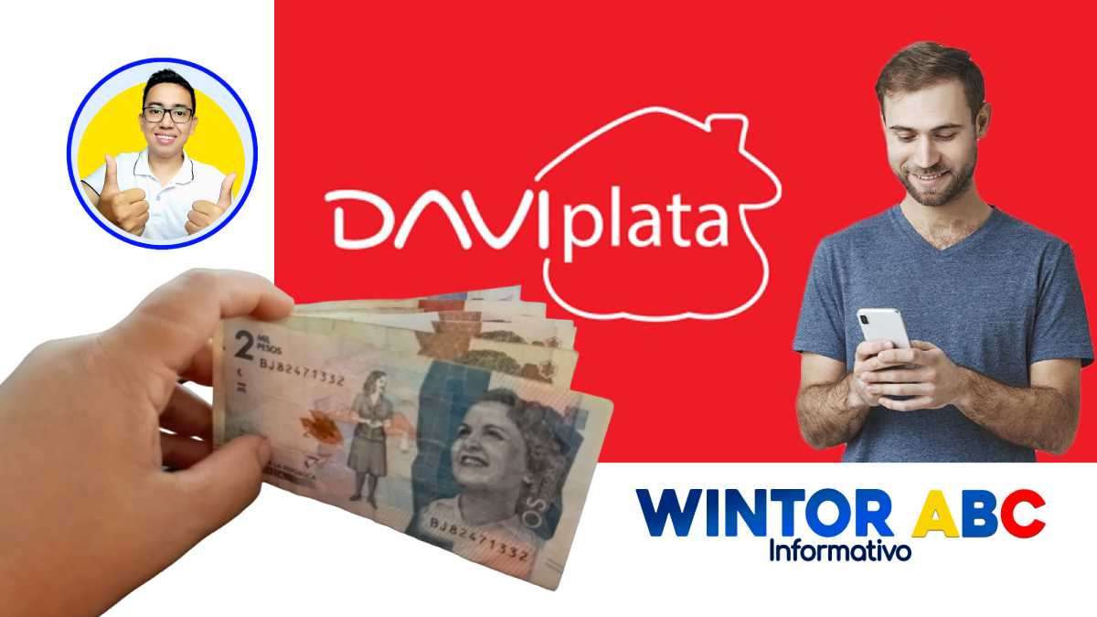 imagen y logo de WINTOR ABC, mano con billetes, pesos colombianos, y logo Daviplata, Joven con celular, Daviplata confirma fecha