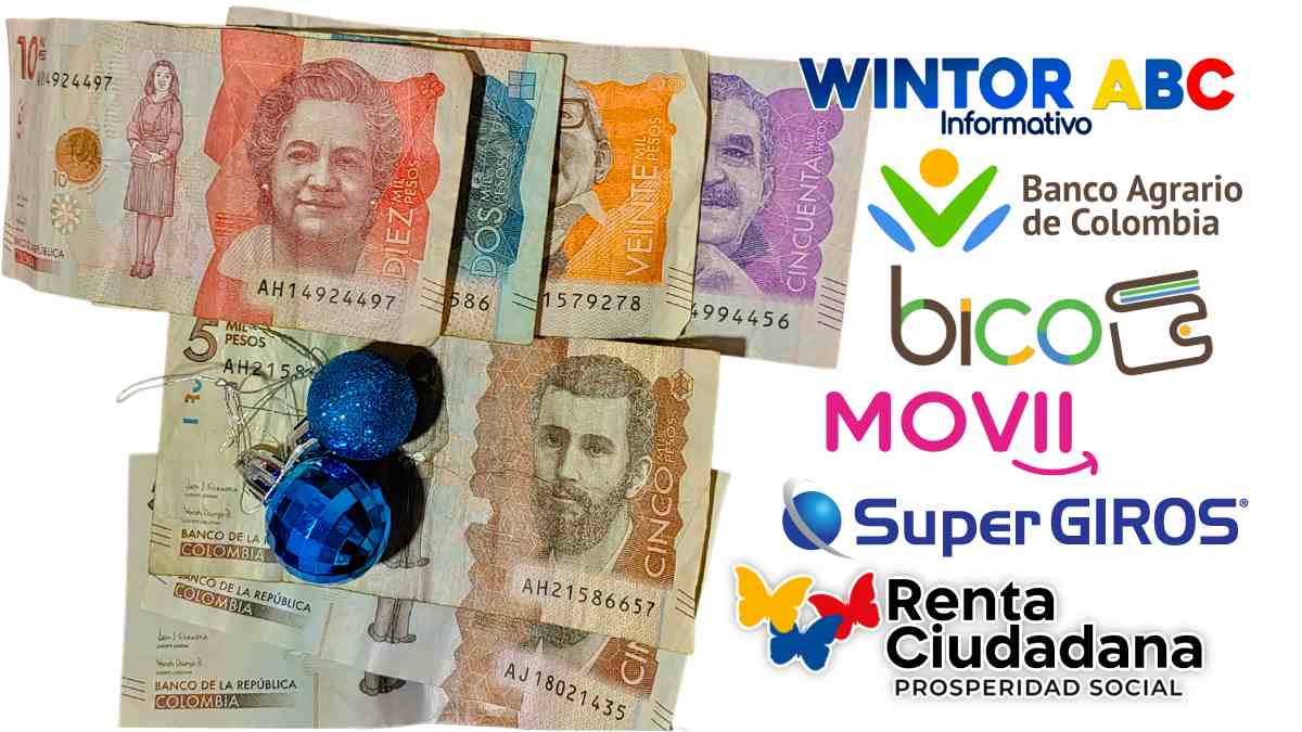 Imagen de BILLETES PESOS COLOMBIANOS, Logo de WINTOR ABC, Banco Agrario de Colombia, Billetera Digital Bico, Movii, SuperGIROS, Y Renta Ciudadana
