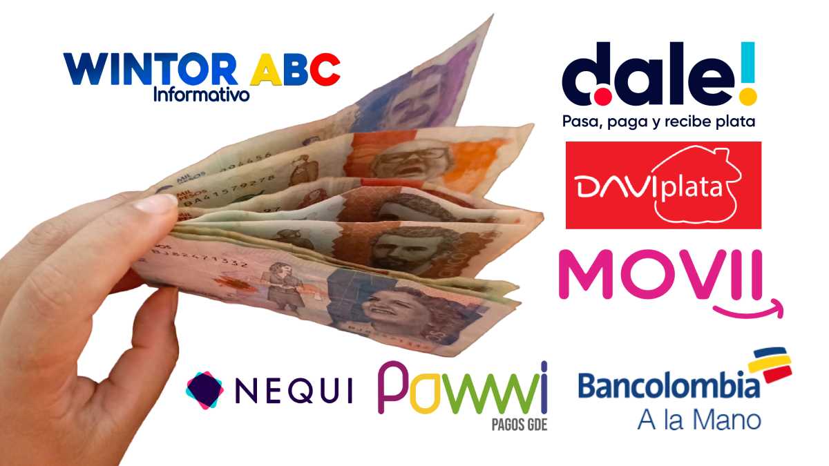 Logo de WINTOR ABC, mano con billetes, pesos colombianos y Billeteras digitales que pagan las transferencias monetarias en diciembre: Logo dale!, Daviplata, Movii, Bancolombia a la mano, Powwi, Nequi.