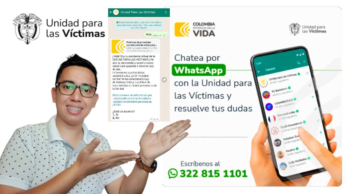 Imagen de Wintor ABC con el Logo de la La Unidad de Víctimas, y unas imágenes con el nuevo servicio de WhatsApp