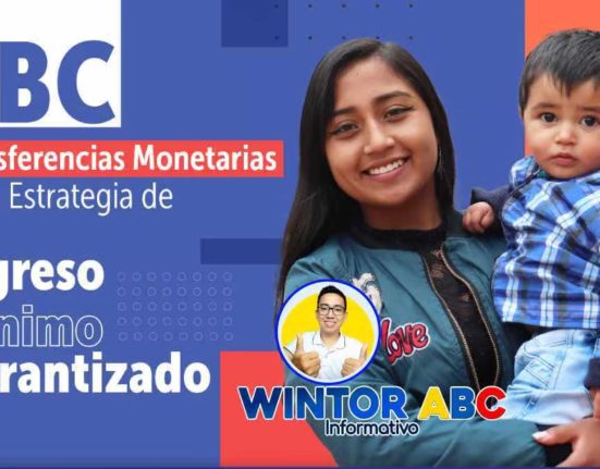 Imagen y Logo de Wintor ABC, Transferencias Monetarias 2024 del Ingreso Mínimo Garantizado e imagen de mujer alzando a su hijo