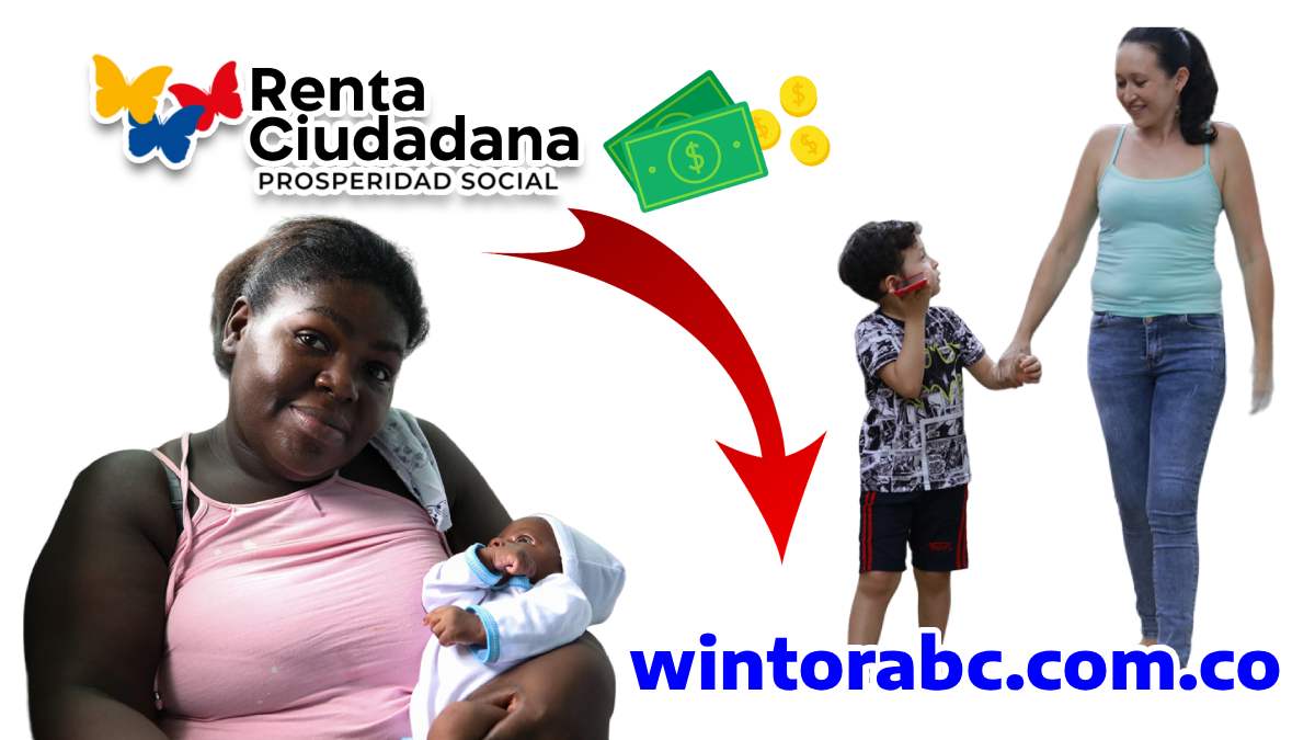 Mujer con bebe en brazos y madre con su hijo, imagen de dinero, Logo de Renta Ciudadana y Wintorabc.com