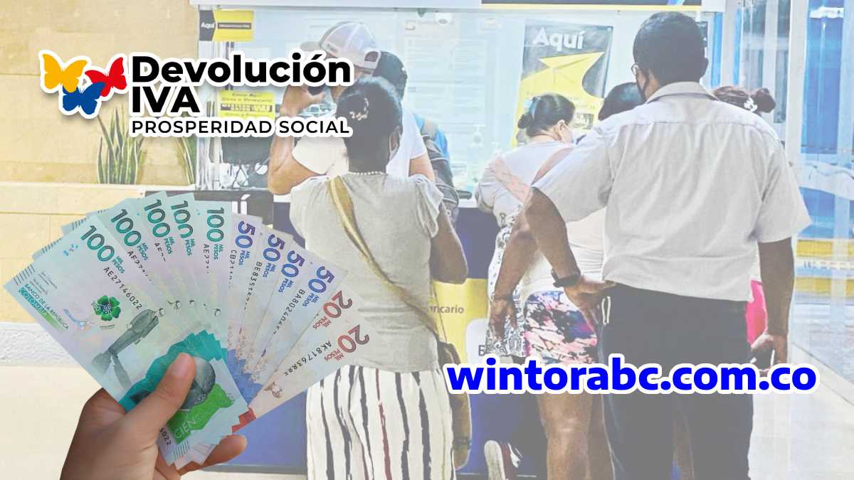 Logo de La Devolución del IVA 2024, e imagen de fondo de personas cobrando dinero, MANO CON DINERO COLOMBIANO, y La página de WINTORABC.COM