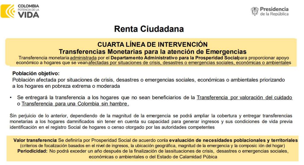 Renta Ciudadana Cuarta Línea de Intervención: Transferencias Monetarias para la Atención de Emergencias.