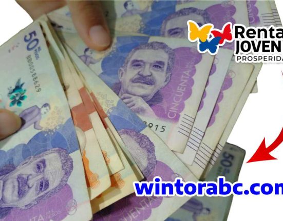 Manos con dinero colombiano, logo de Renta Joven 2024 y wintorabc.com.co