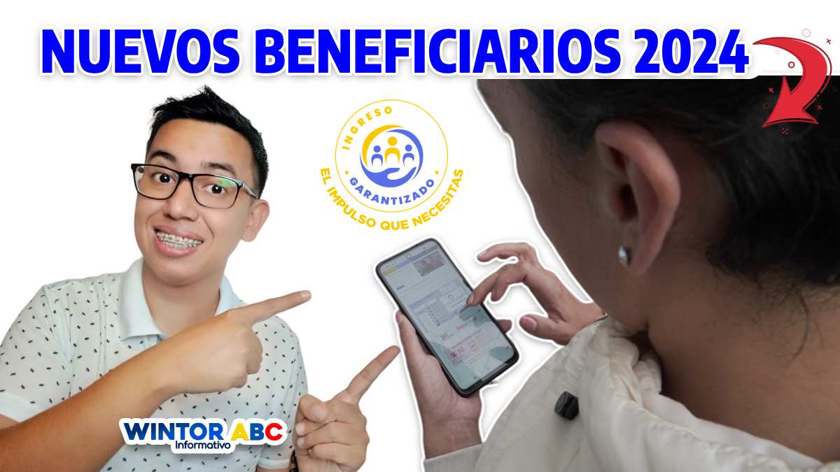 Foto de WINTOR ABC y LOGO, título de Nuevos Beneficiarios 2024, Logo de Ingreso Mínimo Garantizado 2024 y mujer con celular en manos, consultando pagos