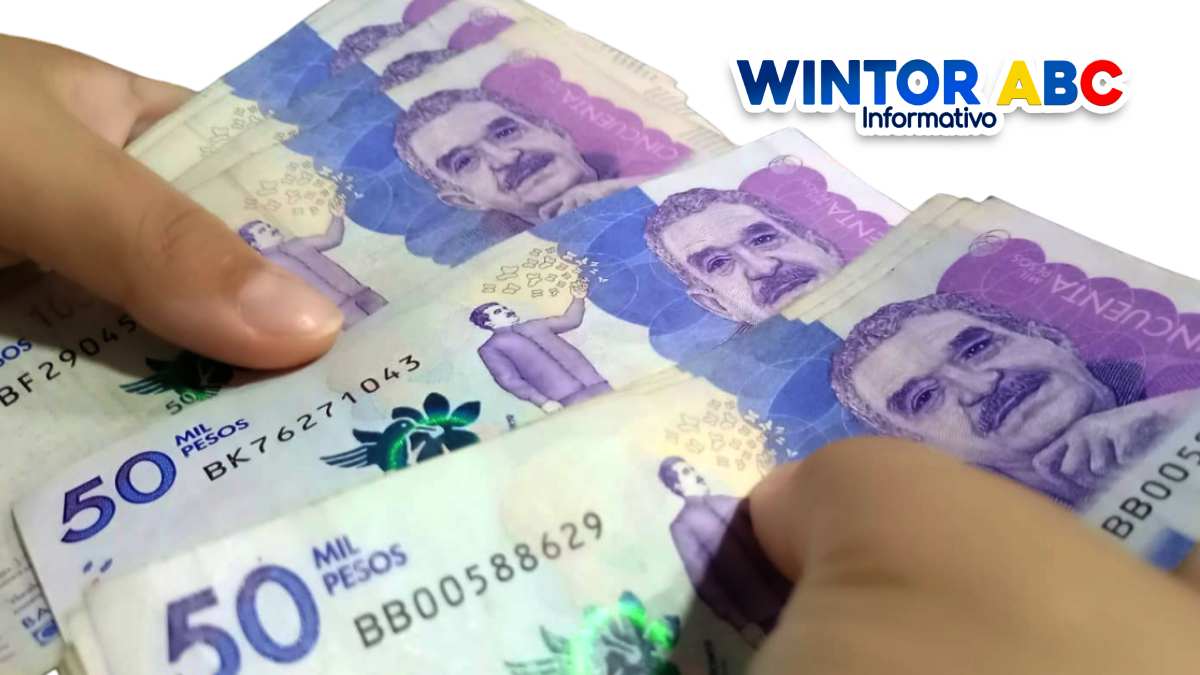 Logo de WINTOR ABC, Imagen de dinero colombiano, manos sosteniendo billetes, Programa de subsidio a la vejez