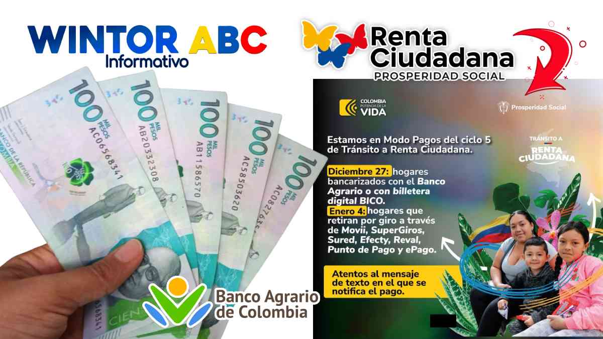 Logo de Wintor ABC, Mano con Billetes, dinero, logo de Renta Ciudadana e imagen de familia, Pagos 2024, logo del Banco Agrario de Colombia