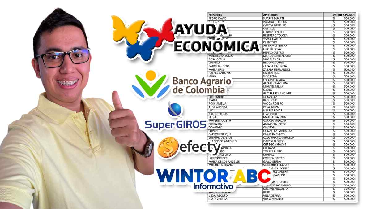 Imagen de WINTOR ABC, Logo de Ayudas Económicas, Banco Agrario de Colombia, SuperGIROS, Efecty, y Listados de beneficiarios con Ayuda económica de 500 mil pesos colombianos