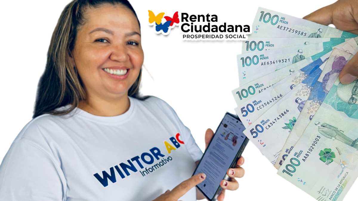 Mano sosteniendo billetes, dinero colombiano, mujer realizando consulta de focalización, pago Renta Ciudadana 2024