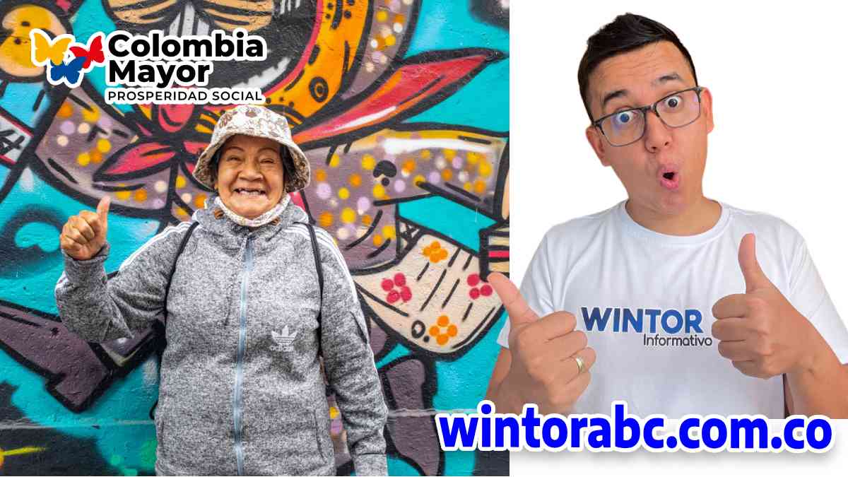 Mujer adulta mayor feliz, con el anuncio de 2 pago 2024 de Colombia mayor y foto de wintor ABC Y wintorabc.com.co