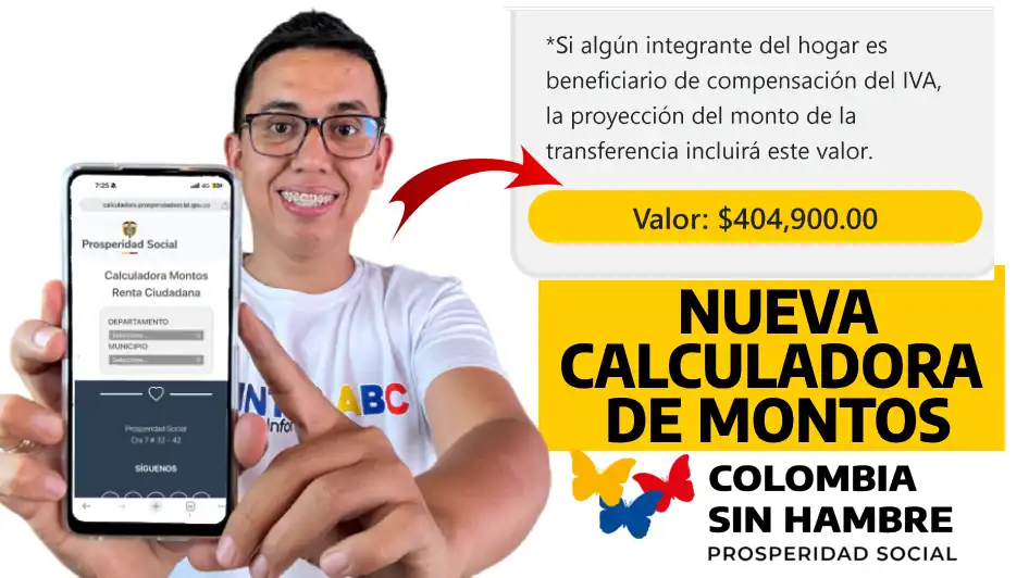 Wintor ABC muestra la nueva consulta de la calculadora de montos en un celular, señalando el valor proyectado que recibe un hogar beneficiario de Colombia Sin Hambre en Renta Ciudadana.