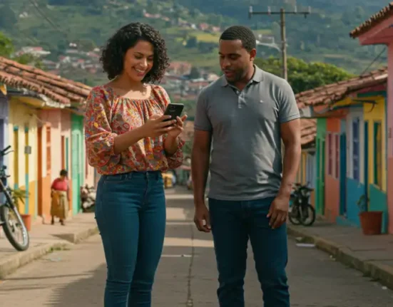 Hombre y mujer mirando el celular en una calle de Colombia, la mejor billetera digital