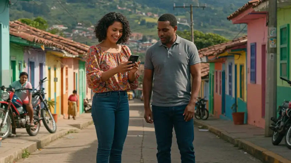 Encuesta: ¿Cuál es la mejor billetera digital en Colombia? Nequi, Daviplata, Movii, dale!, Bico, Tpaga o Powii 1 Hombre y mujer mirando el celular en una calle de Colombia, la mejor billetera digital