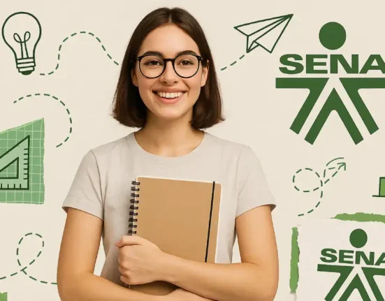Joven estudiante alegre con un cuaderno en las manos - logo Sena Inscripciones