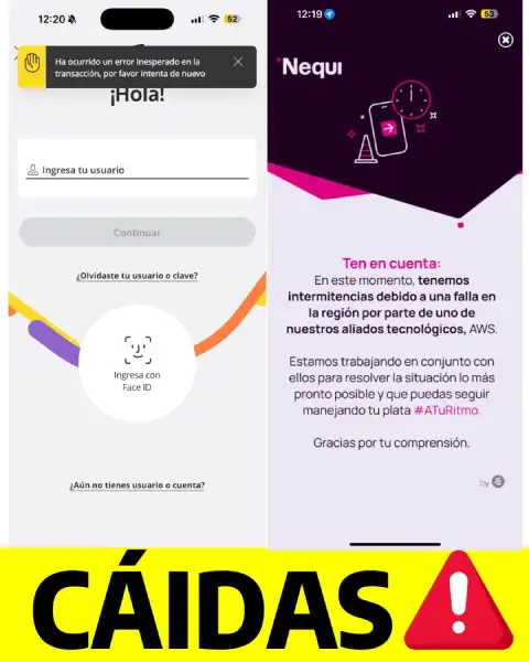 Hay caos, no solo Bancolombia, Nequi y Daviplata también enfrentan fallas por caída global de Amazon Web Services 4 Nequi y Daviplata caídas, no funcionan