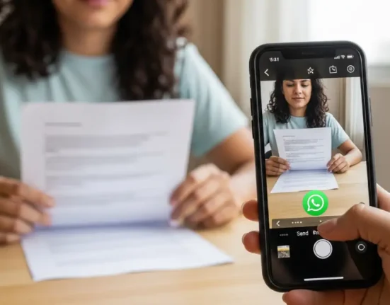 Mujer escaneando un documento desde WhatsApp en su celular para enviarlo en formato PDF
