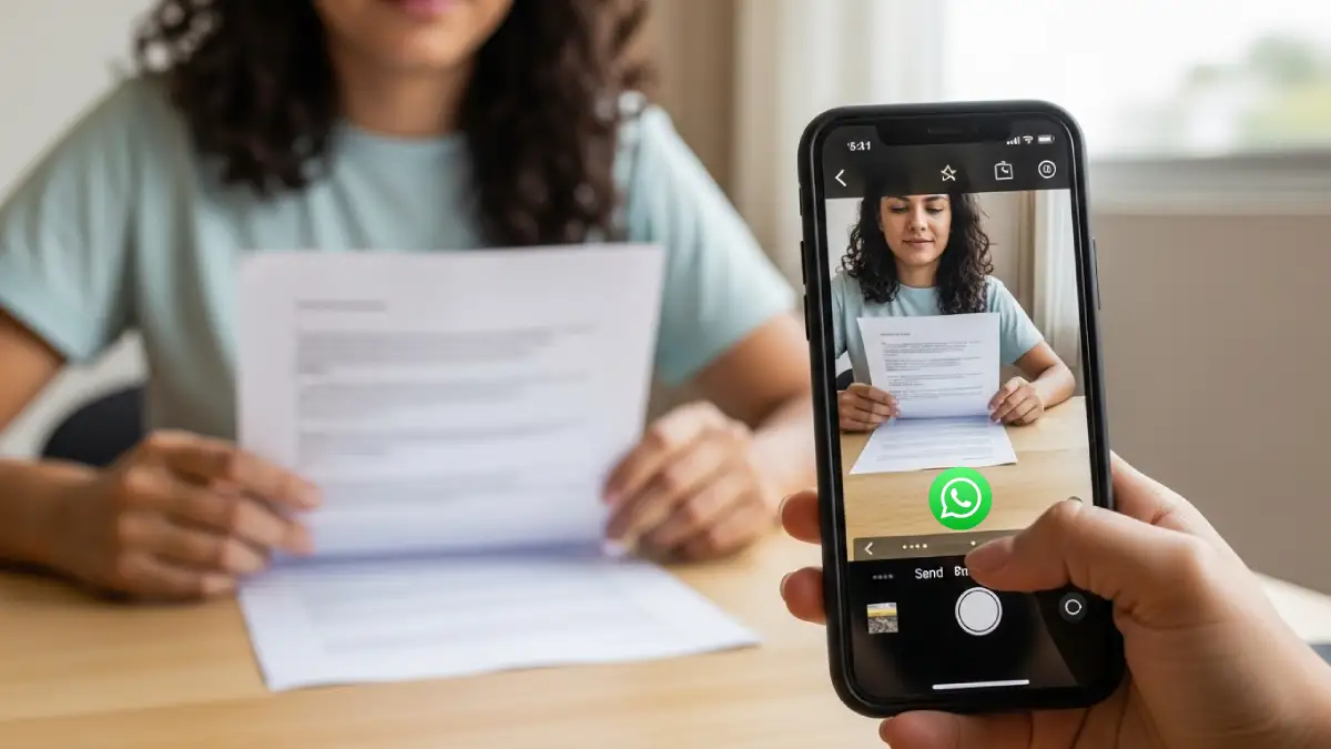 Cómo escanear cualquier documento en WhatsApp para enviarlo en PDF: guía práctica y explicada paso a paso 1 Mujer escaneando un documento desde WhatsApp en su celular para enviarlo en formato PDF