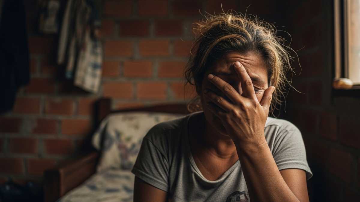 Mujer en pobreza tapándose la cara con una mano.