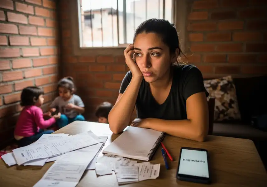 Mujer pensativa con cuaderno en la mesa.