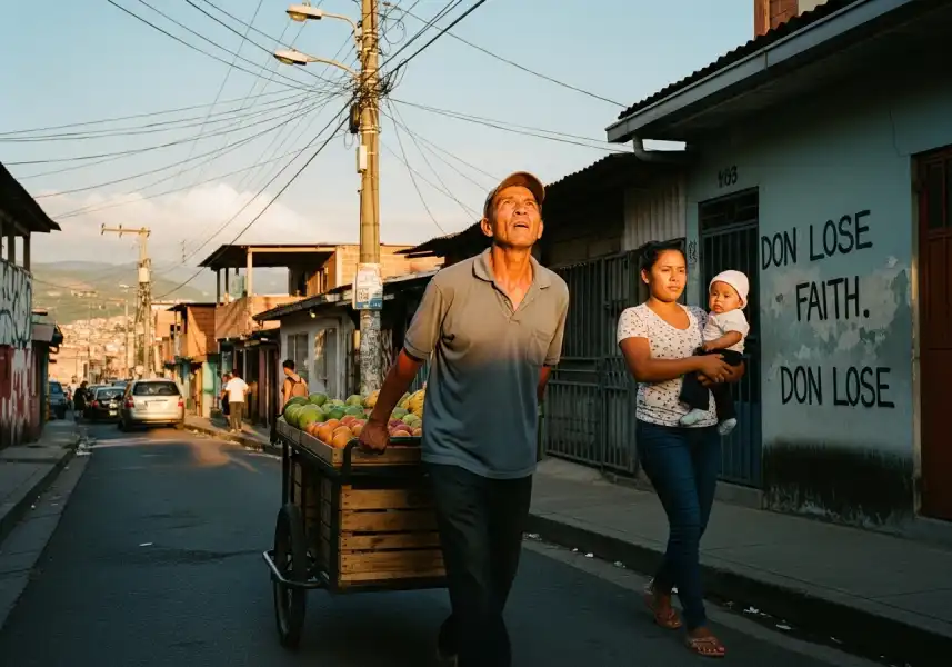 Dos persona caminando la calle vendiendo frutas.