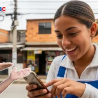 Mujer colombiana revisando en su celular el pago de noviembre en la página de giros del Banco Agrario, luego de que Confirman el link oficial.