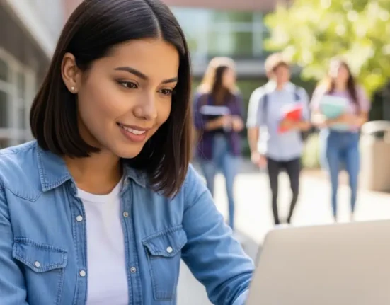 Mujer jóven Sentada revisando el computador portátil.
