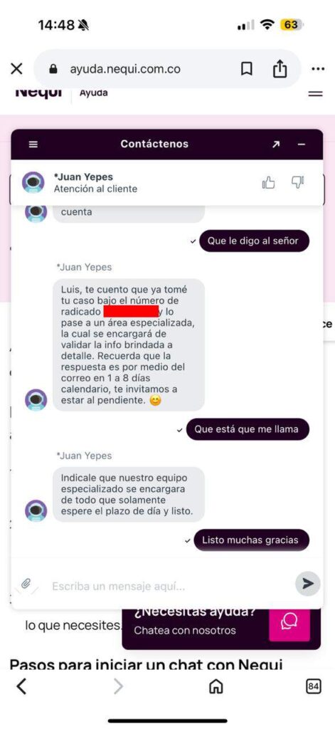 Respuesta asesor de Nequi - Wintor ABC