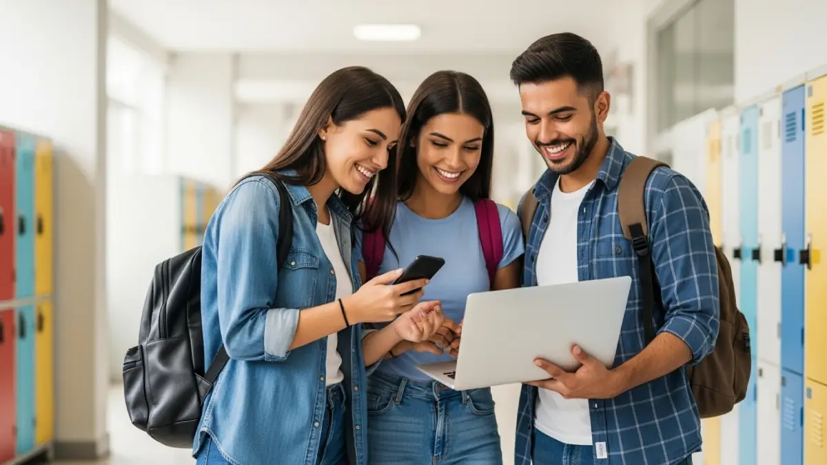 becas del 95% por la Univesidad de los Andes, Jóvenes alegres mirando en un portátil la noticia.