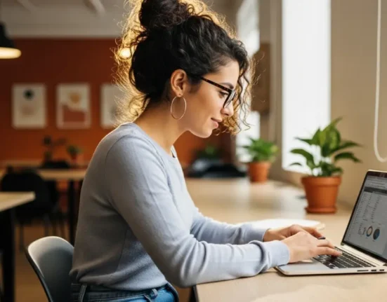 Becas al Mérito Caleño - Mujer sentada revisando el portátil.