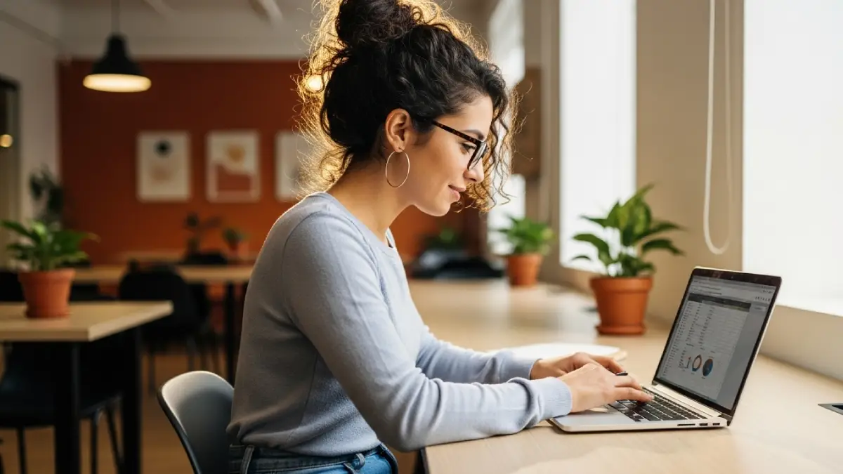 Becas al Mérito Caleño - Mujer sentada revisando el portátil.