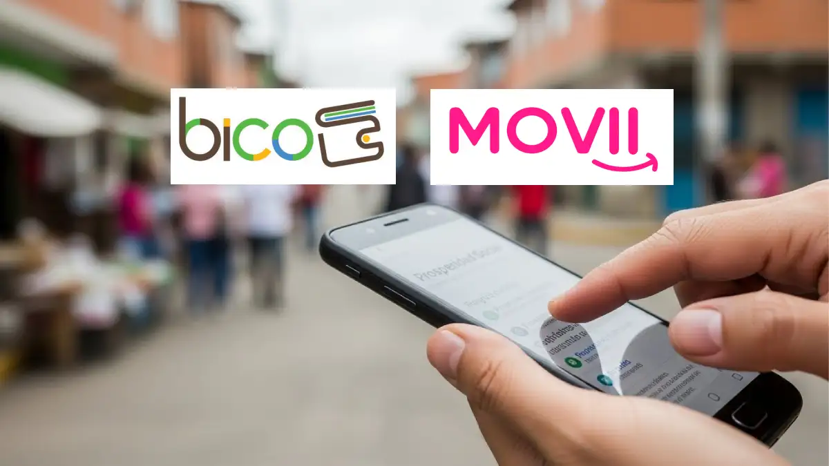 Manos digitando en el celular, Logo Movii y BICO.