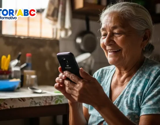 Imagen de una abuelita mayor feliz al ver la noticia de BICO y MOVii arrancan pagos del 11