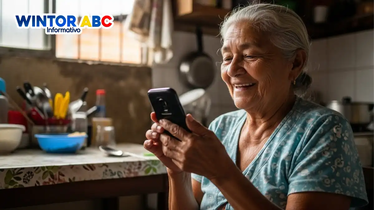 Imagen de una abuelita mayor feliz al ver la noticia de BICO y MOVii arrancan pagos del 11