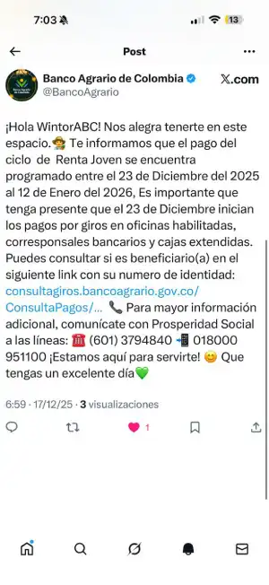Banco Agrario y Renta Joven: Conozca la fecha pago del último ciclo del año 2 WhatsApp Image BAC