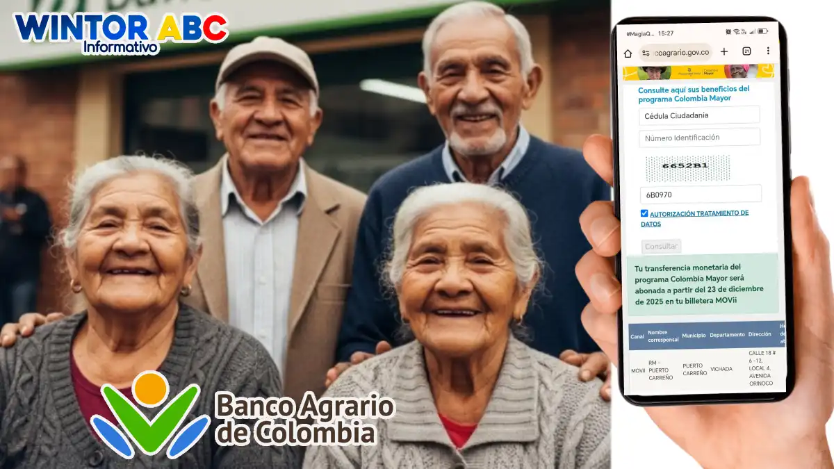 Imagen de adultos mayores felices y mano con celular mostrando la noticia actualiza el link oficial