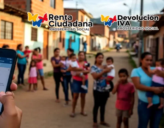 Imagen de mujeres con sus hijos haciendo fila y un celular con la consulta hoy con tu cédula de Renta e IVA