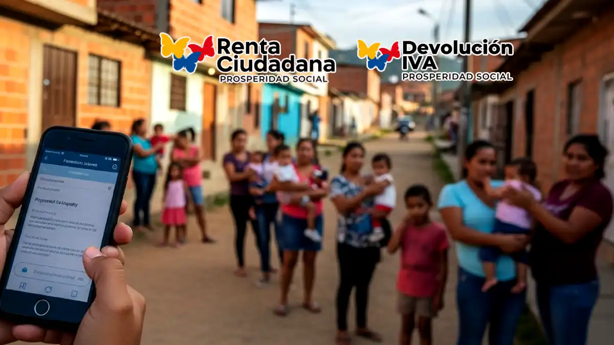 Imagen de mujeres con sus hijos haciendo fila y un celular con la consulta hoy con tu cédula de Renta e IVA