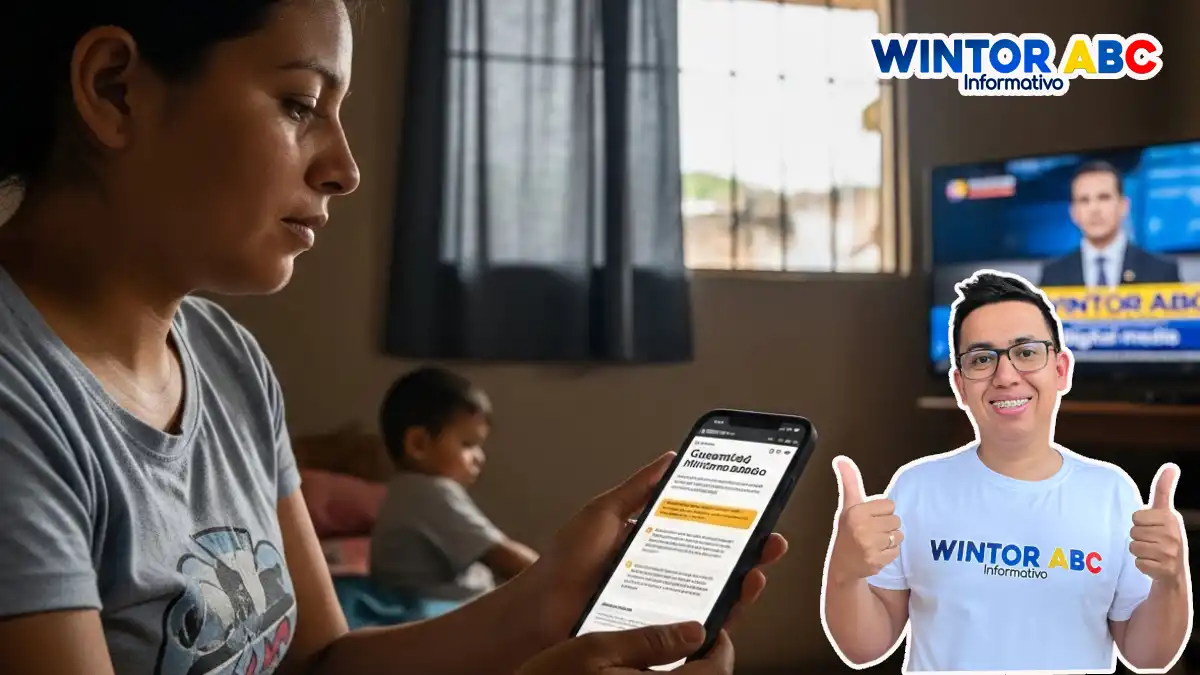 Imagen de madre leyendo en su celular la guía para saber si recibirás el dinero de IMG e imagen de Wintor ABC