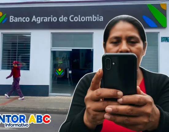 Imagen de una mujer que consulta en su celular el link del Banco Agrario