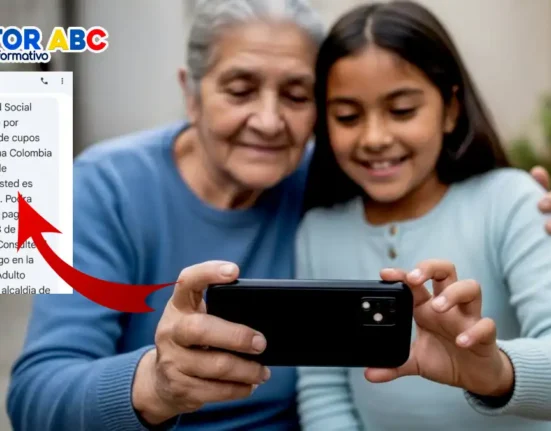 Imagen de adulta mayor y su nieta mirando el celular que DPS notifica por mensaje de texto