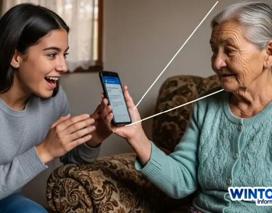 Imagen de una joven mostrandoles a una adulta mayor que hay nueva fecha de pago de CM