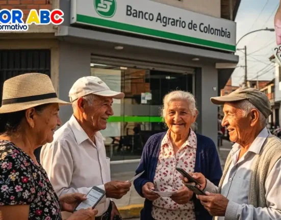Imagen de abuelos felices y de fondo se ve Banco Agrario, 50% de nuevos beneficiarios