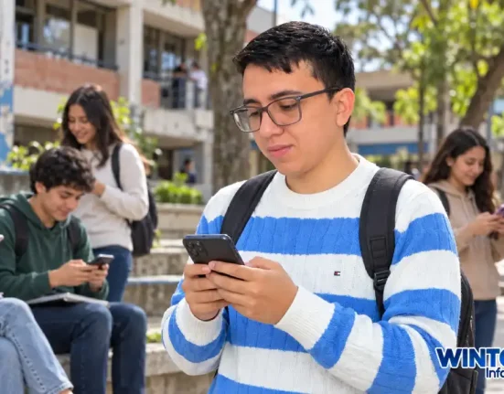 Versión rejuvenecida de Wintor ABC junto a estudiantes con mochilas que revisan sus celulares en un campus.